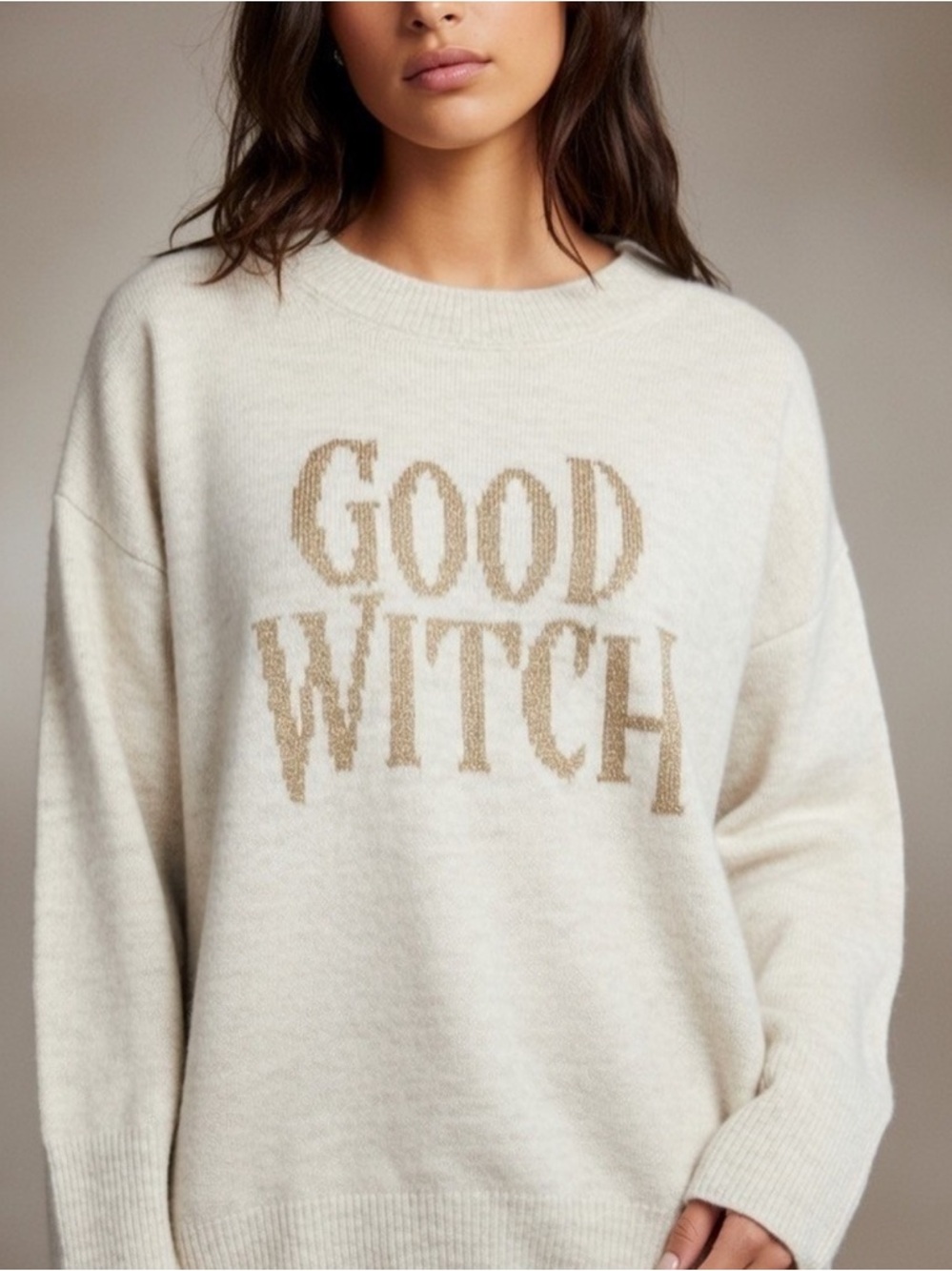 NWOT Vince Camuto Cream Crewneck Sweater with Sparkly Gold 'GOOD WITCH' Graphic